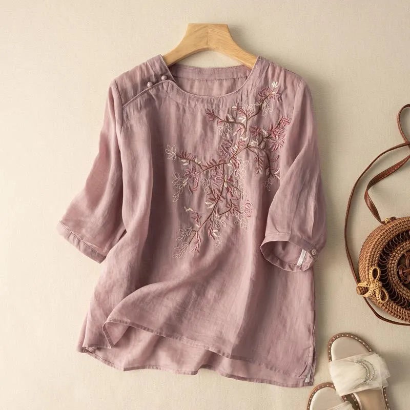 Summer Vintage Embroidered Cotton Linen Top ZY#822 bean paste shirt