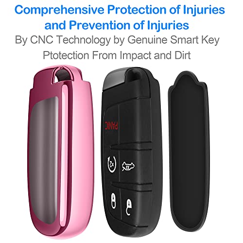 Autophone Compatible with Jeep Key Fob Cover with Leather Keychain Soft TPU Protection Key Case for Grand Cherokee Renegade Chrysler 200 300 Dodge RAM Durango Challenger Journey Dart Fiat Smart Key Pink - Image 4