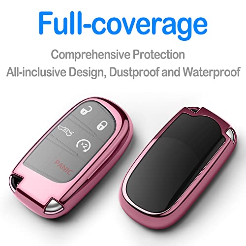 Autophone Compatible with Jeep Key Fob Cover with Leather Keychain Soft TPU Protection Key Case for Grand Cherokee Renegade Chrysler 200 300 Dodge RAM Durango Challenger Journey Dart Fiat Smart Key Pink - Image 3