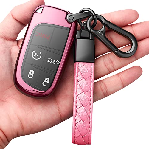 Autophone Compatible with Jeep Key Fob Cover with Leather Keychain Soft TPU Protection Key Case for Grand Cherokee Renegade Chrysler 200 300 Dodge RAM Durango Challenger Journey Dart Fiat Smart Key Pink - Image 1