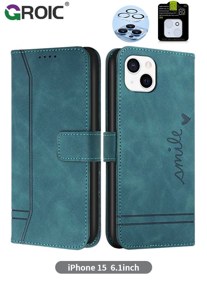 GROIC Case for iPhone 15 6.1 Inch Wallet with 1 Pack Camera Lens Protector, PU Leather Flip Folio Card Holders, Kickstand Function Shockproof Shell - Image 1