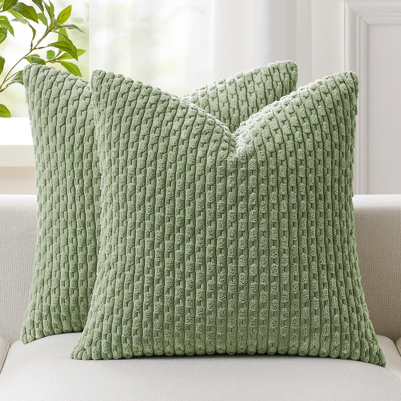 K KEVIN TEXTILE Kevin Textile 2 Packs Spring Decorative Throw Pillow Covers 16x16 Inch for Living Room Couch Bed Sofa Soft Striped Corduroy Square Cushion Case 40x40 cm Farmhouse Boho Home Decor Sage Green - Image 1