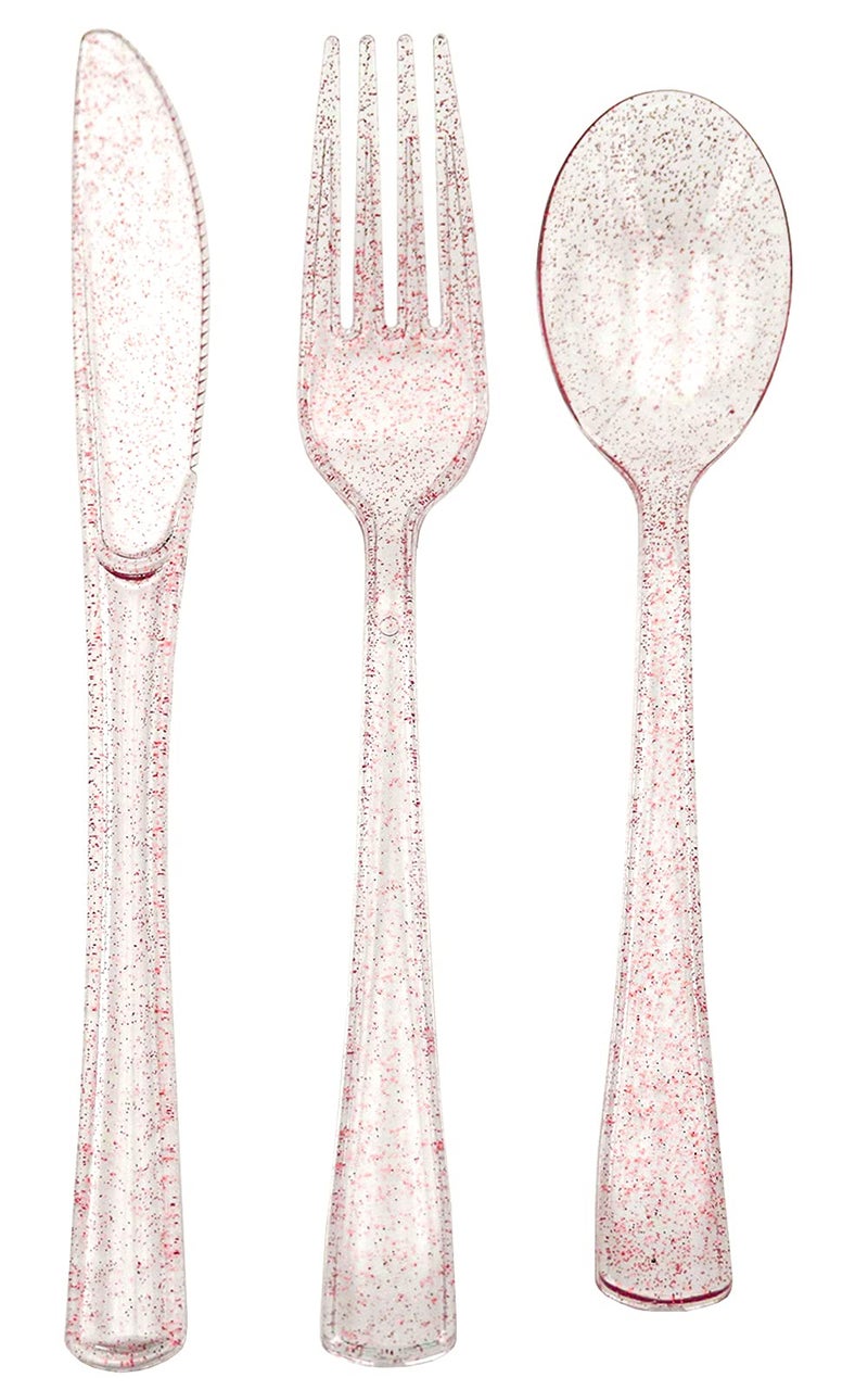 hapray 180PCS Rose Gold Plastic Silverware Set Disposable Glitter Gold Cutlery Flatware Set 60 Forks 60 Spoons 60 Knives Valentines day Fancy Party Utensils