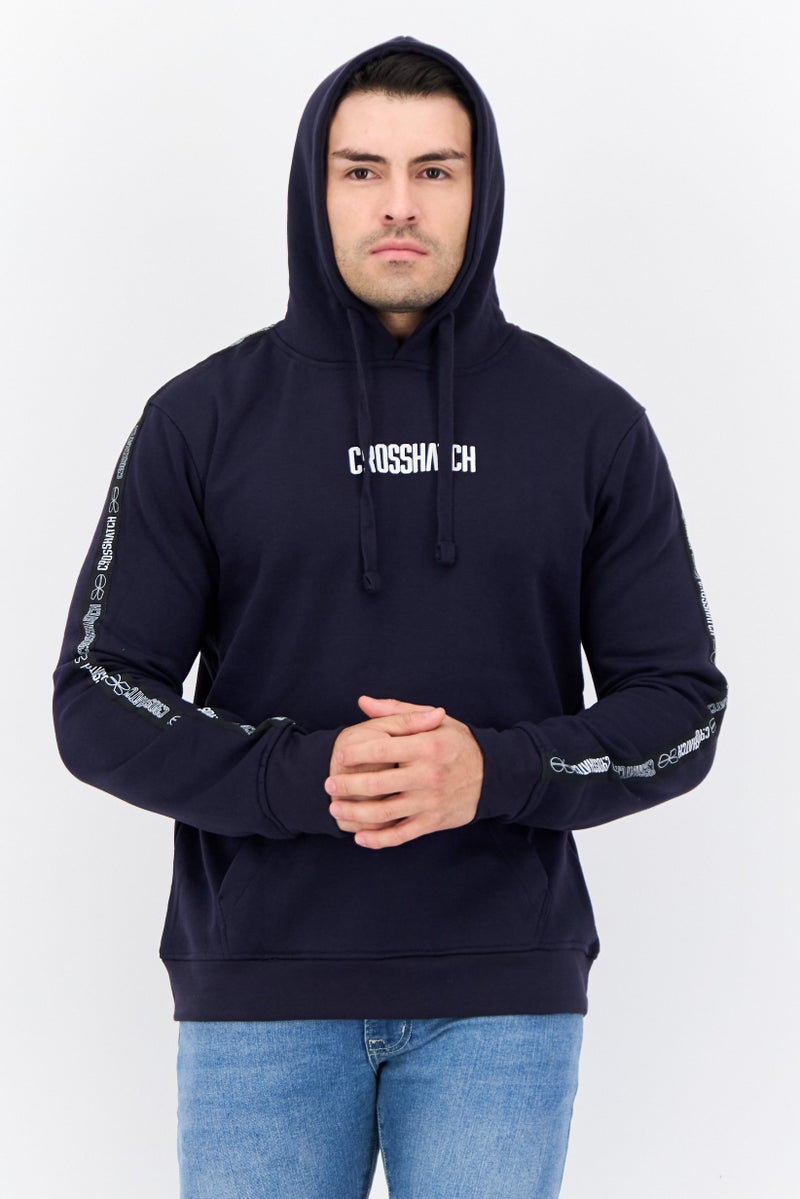 CROSSHATCH Men Brand Logo Long Sleeves Hooded Sweatshirt, Navy - Image 1