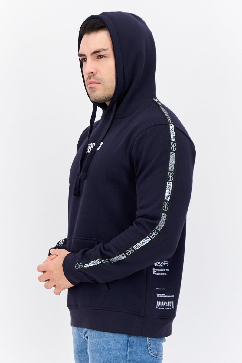 CROSSHATCH Men Brand Logo Long Sleeves Hooded Sweatshirt, Navy - Image 2