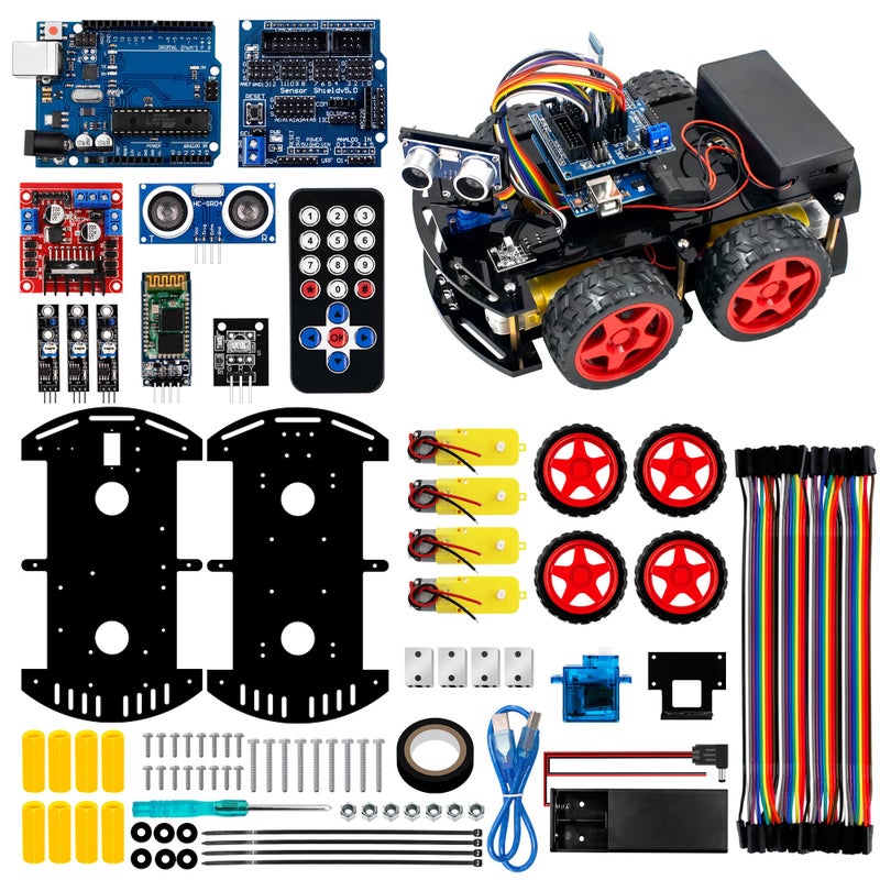 مجموعة مشروع سيارة روبوت ذكية Hosyond R3 متوافقة مع Arduino IDE مع برنامج تعليمي تتبع الخطوط عبر البلوتوث ومستشعر فوق صوتي