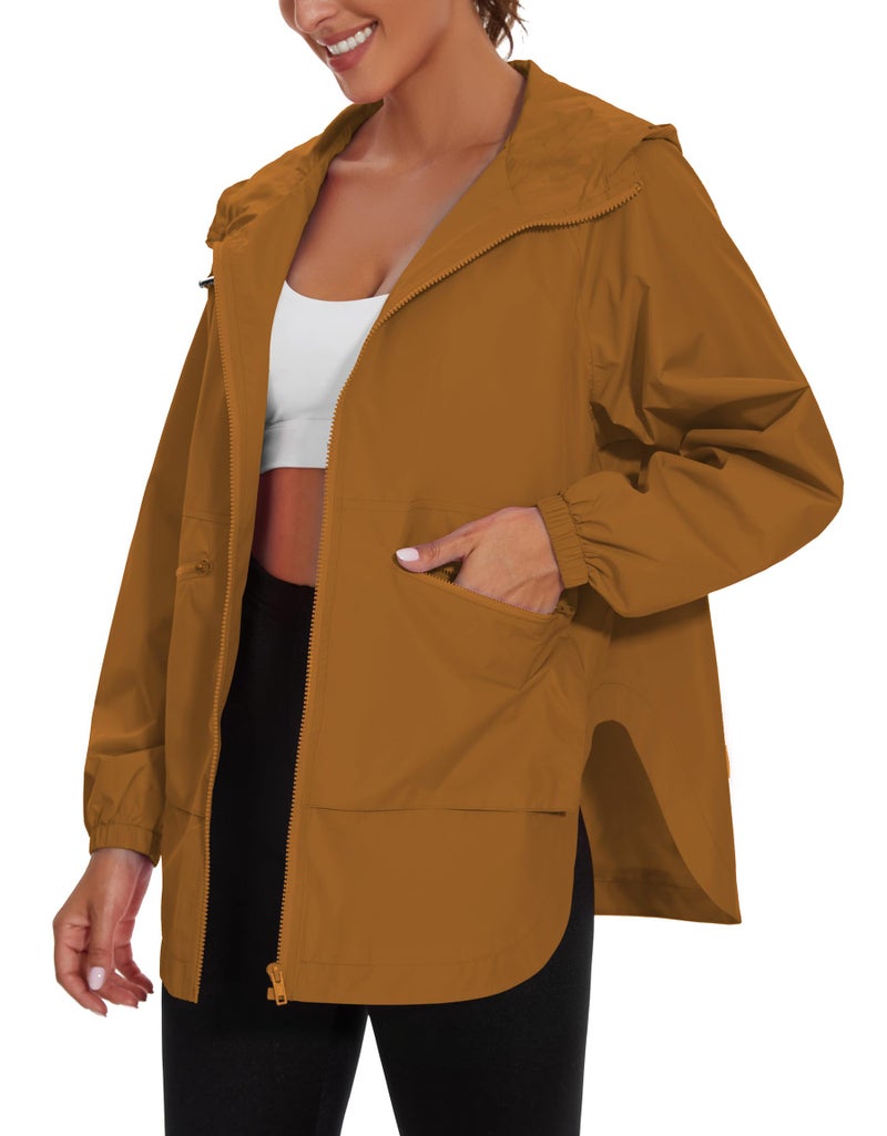 PESION Women's Waterproof Rain Jacket Lightweight Raincoat Hooded Windbreaker Trench Coat, Caramel, XLarge - Image 1