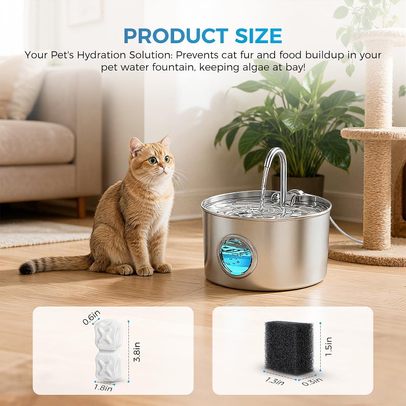 DrFlito Cat Water Fountain Filter Replacement,24 Pack Pet Fountain Filters - 12 Filters & 12 Sponges 74oz/2.2L Stainless Steel Pet Fountain Cat Water Dispenser - Image 2