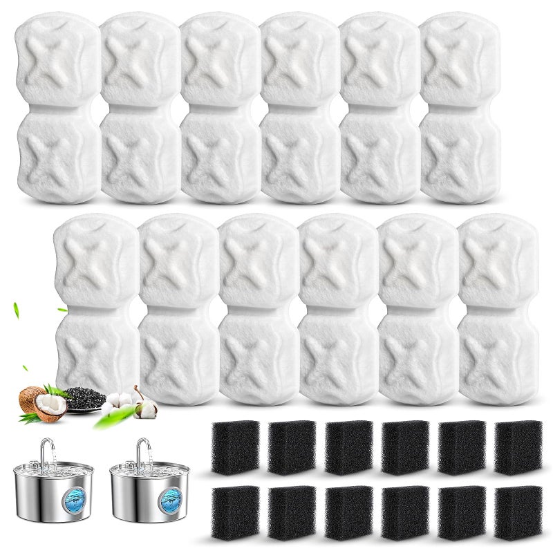 DrFlito Cat Water Fountain Filter Replacement,24 Pack Pet Fountain Filters - 12 Filters & 12 Sponges 74oz/2.2L Stainless Steel Pet Fountain Cat Water Dispenser - Image 1