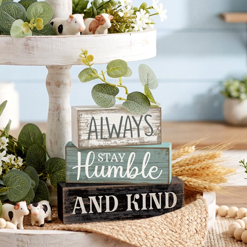 Lineshading 4 Pcs Inspirational Farmhouse Table Decor Always Stay Humble and Kind Stacked Wooden Block Signs with Inspirational Quote Eucalyptus Leaves for Home, Living Room, Shelf Housewarming Gift - Image 3