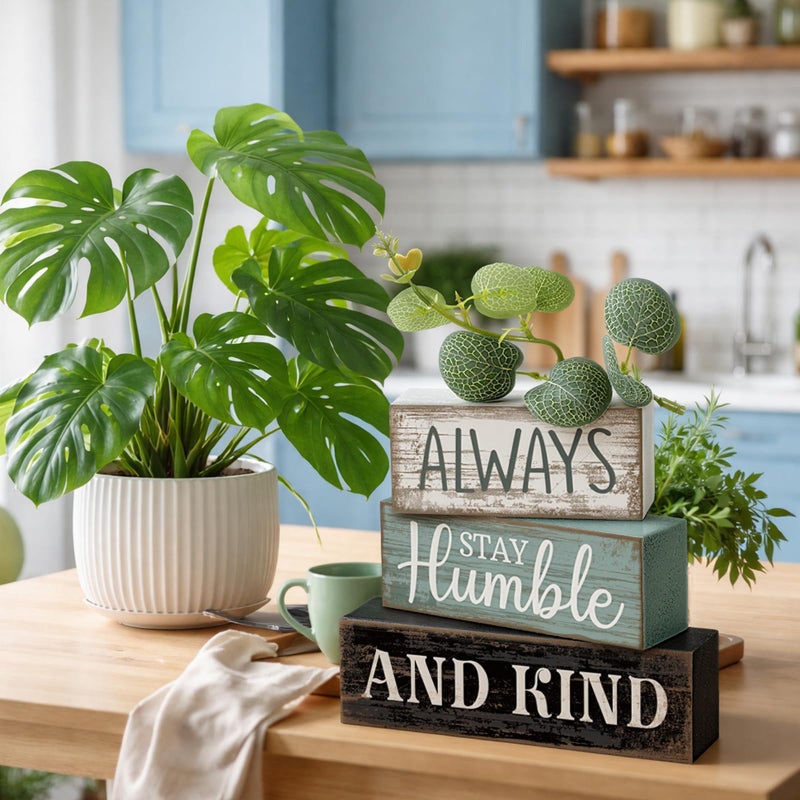 Lineshading 4 Pcs Inspirational Farmhouse Table Decor Always Stay Humble and Kind Stacked Wooden Block Signs with Inspirational Quote Eucalyptus Leaves for Home, Living Room, Shelf Housewarming Gift - Image 2
