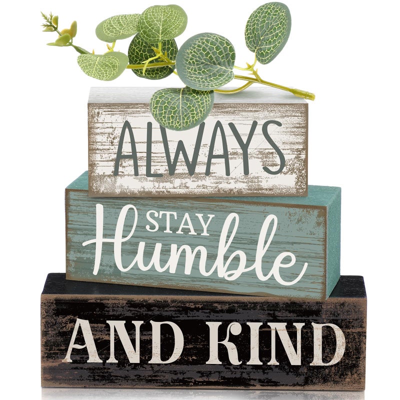 Lineshading 4 Pcs Inspirational Farmhouse Table Decor Always Stay Humble and Kind Stacked Wooden Block Signs with Inspirational Quote Eucalyptus Leaves for Home, Living Room, Shelf Housewarming Gift - Image 1