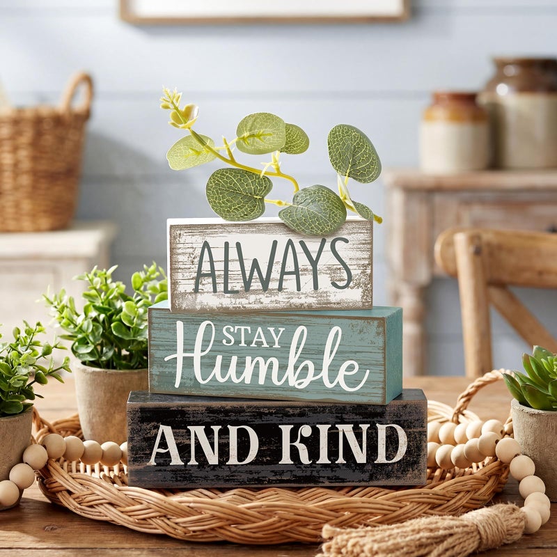 Lineshading 4 Pcs Inspirational Farmhouse Table Decor Always Stay Humble and Kind Stacked Wooden Block Signs with Inspirational Quote Eucalyptus Leaves for Home, Living Room, Shelf Housewarming Gift - Image 4