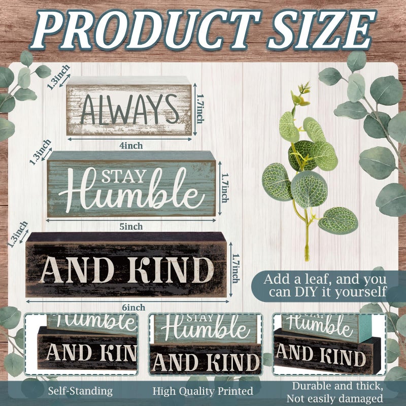 Lineshading 4 Pcs Inspirational Farmhouse Table Decor Always Stay Humble and Kind Stacked Wooden Block Signs with Inspirational Quote Eucalyptus Leaves for Home, Living Room, Shelf Housewarming Gift - Image 5