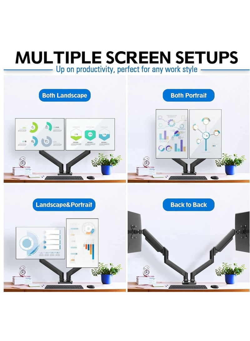 ELTRAZONE Versatile Dual Monitor Mount - Adjustable Gas Spring Arm Stand for Enhanced Workspace Ergonomics - Clamp or Grommet Base - Supports 13 to 32 Inch Monitors"  - Image 2