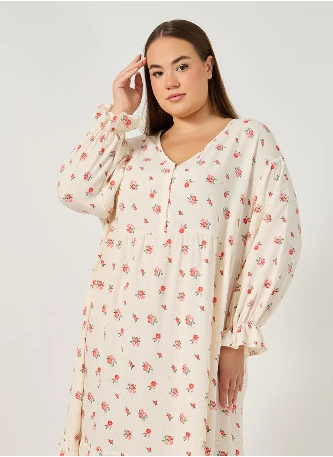 Styli Plus Size Floral Print Button Up Night Dress