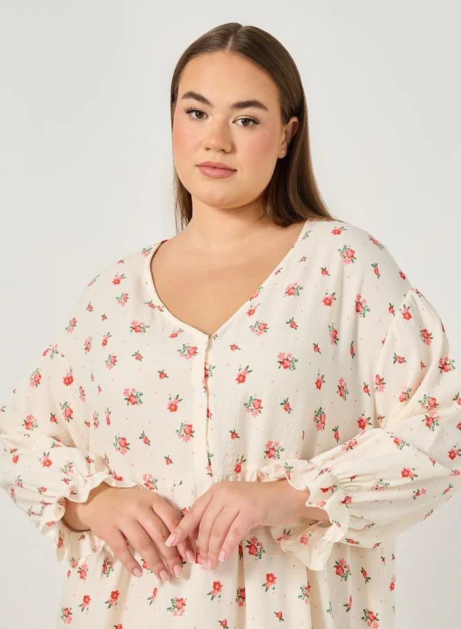 ستايلي Plus Size Floral Print Button Up Night Dress