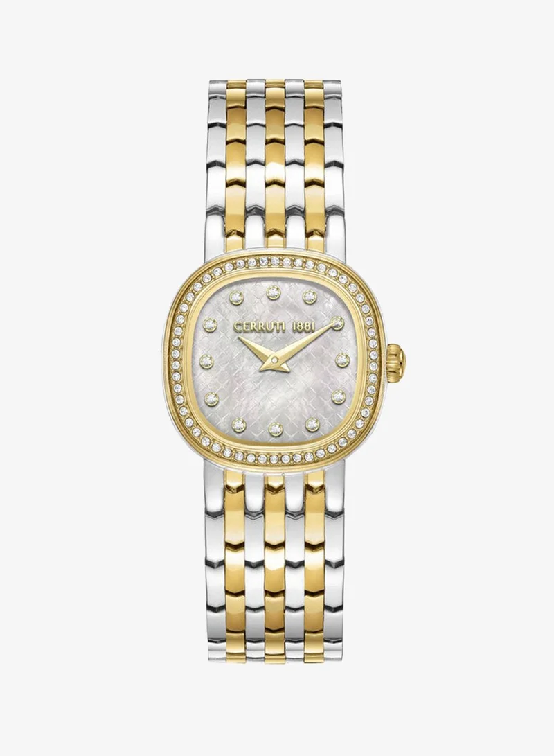 CERRUTI 1881 Gresta Analog Women's Watch - White Mother of Pearl Dial, Crystal Indexes, Two Tone Bracelet