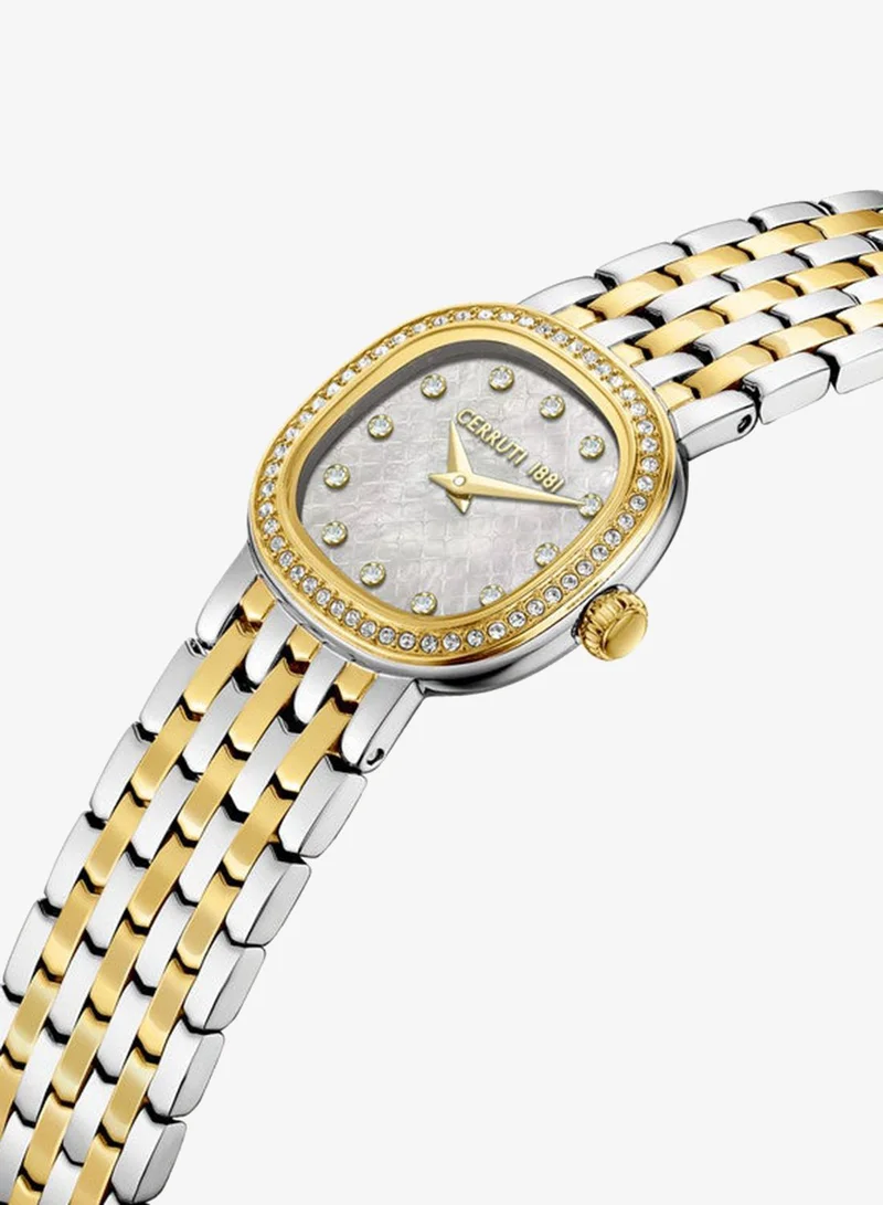 CERRUTI 1881 Gresta Analog Women's Watch - White Mother of Pearl Dial, Crystal Indexes, Two Tone Bracelet