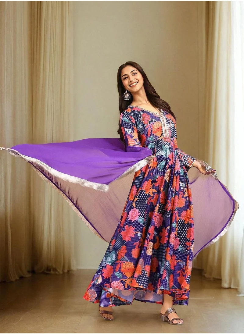 آي شين Regular Fit Three-Quarter Sleeve Printed Purple Viscose Woven Kurta Set For Women Flat Collar Perfect For Wedding And Engagement Pull On Closure