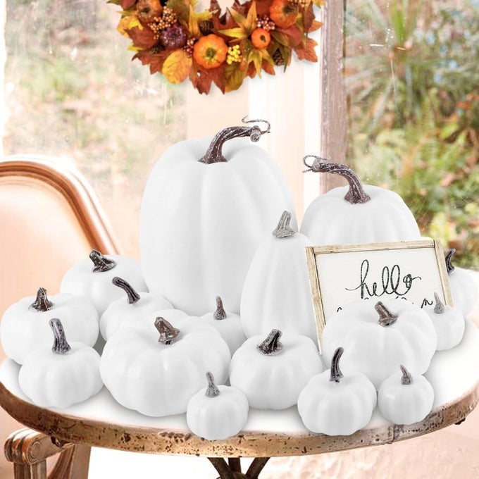 PUMPKIN AUTUMN DECORATIONS DECORATIVE LARGE SMALL OUTDOOR WHITE FOAM PLASTIC FAKE FAUX ARTIFICIAL PUMPKINS FOR HALLOWEEN FALL HARVEST FESTIVAL HOME TABLE DECOR 16PCS