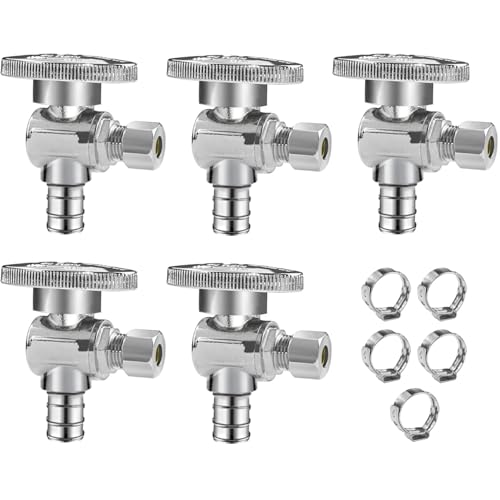 WiseWater 12 PEX Angle Stop Valve 12 PEX x 14 Compression 14 Turn Shut Off Valve HeavyDuty Chrome Brass Plumbing Fitting for Sink Toilet 5Pack - Image 1