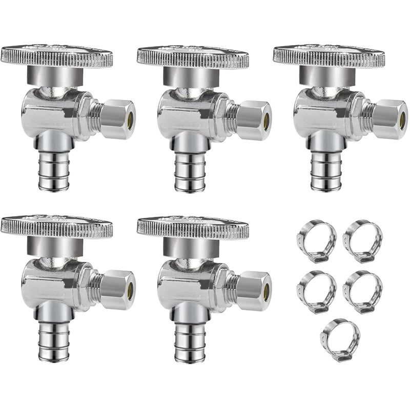 WiseWater 12 PEX Angle Stop Valve 12 PEX x 14 Compression 14 Turn Shut Off Valve HeavyDuty Chrome Brass Plumbing Fitting for Sink Toilet 5Pack - Image 2