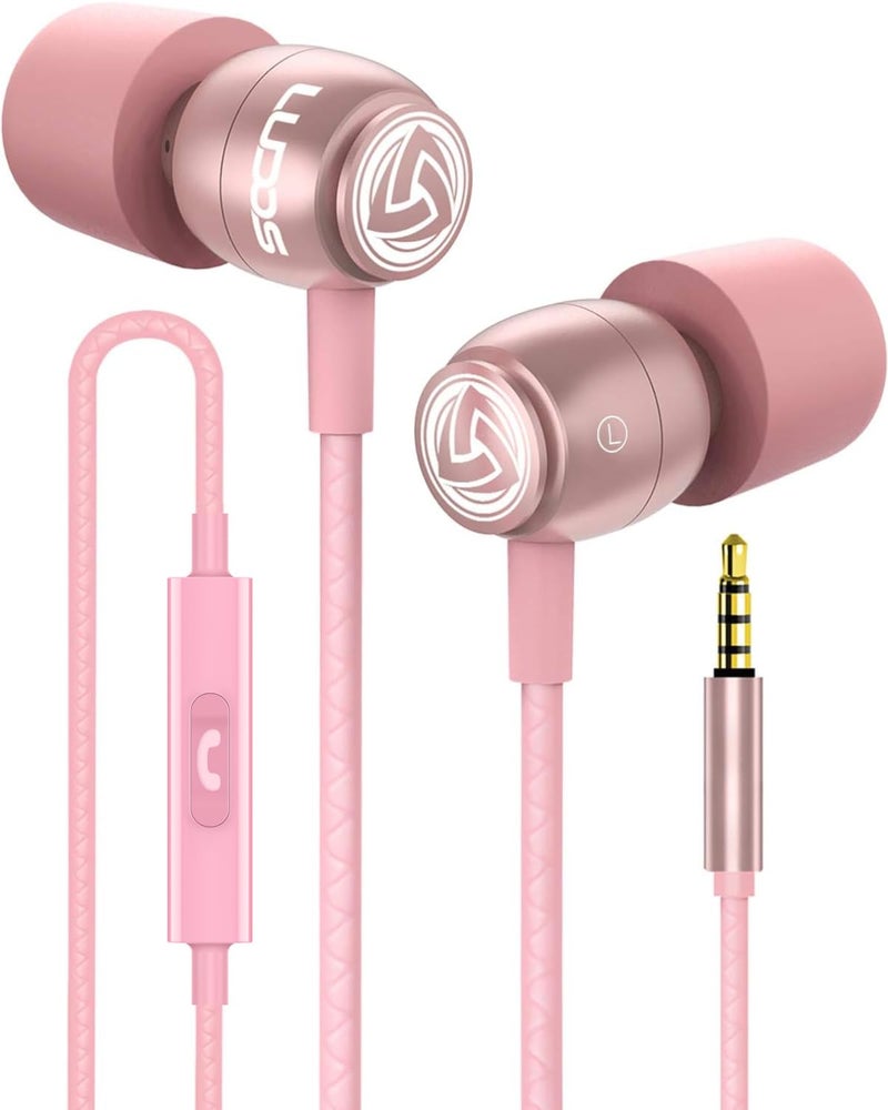 LUDOS Clamor Wired Earbuds in-Ear Headphones, 5 Years Warranty, Earphones with Microphone, Noise Isolating Ear Buds, Memory Foam for iPhone, Samsung, School Students, Kids, Women, Small Ears - Pink - Image 1