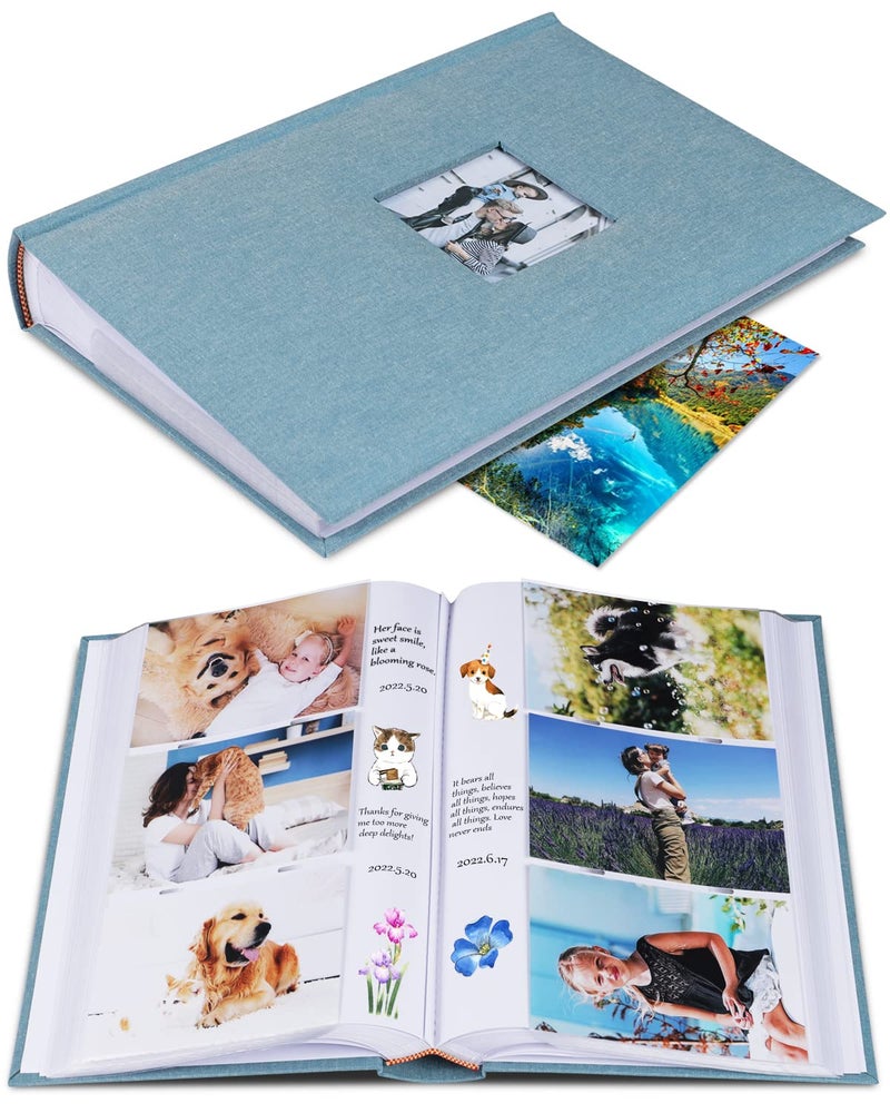1DOT2 Photo Album 4x6 Hold 402 Photos with Memo Slip-in Pockets Photo Book  Linen Cover Picture Photo Albums with Writing Space for Wedding Family Baby Vacation Mother's Day Cyan Blue - Image 1