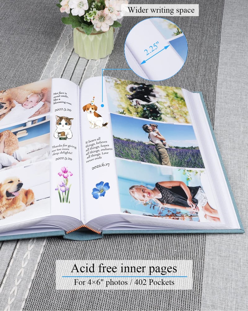 1DOT2 Photo Album 4x6 Hold 402 Photos with Memo Slip-in Pockets Photo Book  Linen Cover Picture Photo Albums with Writing Space for Wedding Family Baby Vacation Mother's Day Cyan Blue - Image 3