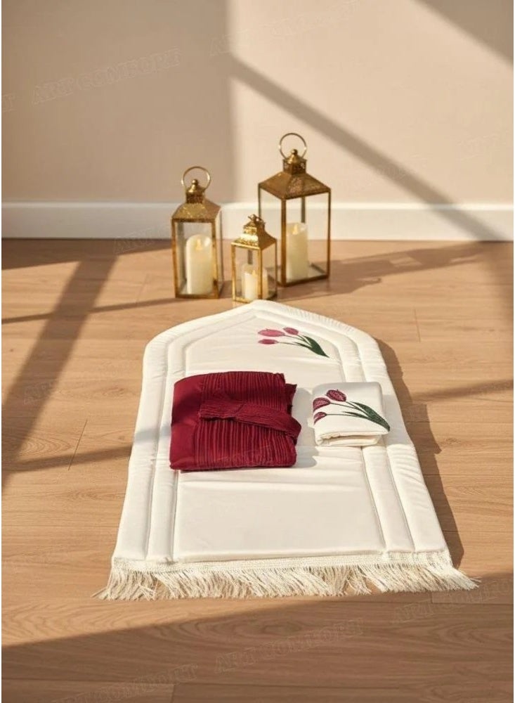 A 2 cm padded foam felt prayer mat with tulip rose embroidery and a plain pleated prayer robe with an attached veil. These sets are characterized by a soft and flexible material, making them an excellent choice for worship and a better choice for kneeling. They are very suitable and valuable as a gift or distribution on religious and social occasions.