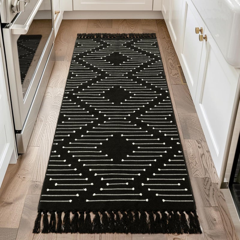 Tritard Washable Runners for Hallways 2x6 Boho Runner Rug with Tassels, Woven Cotton Kitchen Hallway Rug Runner Farmhouse Low Pile Rugs Carpet for Indoor Entryway Bathroom Laundry Bedroom, Black White - Image 1