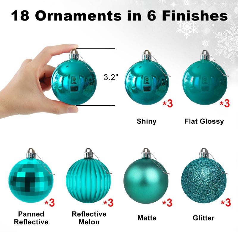 GameXcel Teal 3.2"" Large Christmas Balls - Christmas Tree Decoration Ornaments Shatterproof Hanging Balls for Birthday Halloween Holiday Wedding Decorations Set of 18pcs - Image 2