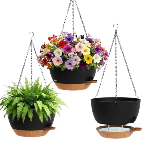 UOUZ Set of 3-10 Inch Self Watering Hanging Planters for Indoor Outdoor，Hanging Plant Pots with Drainage & Removable Tray, Hanging Pots Holder for Ivy, Pothos, Ferns, Balcony & Patio, Black with Brown - Image 1