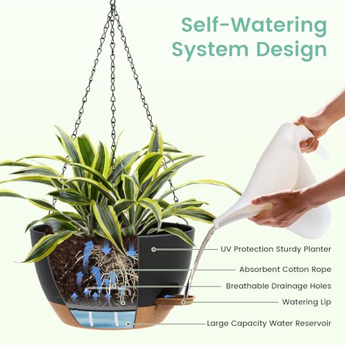 UOUZ Set of 3-10 Inch Self Watering Hanging Planters for Indoor Outdoor，Hanging Plant Pots with Drainage & Removable Tray, Hanging Pots Holder for Ivy, Pothos, Ferns, Balcony & Patio, Black with Brown - Image 4