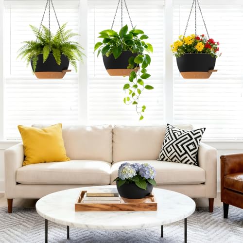 UOUZ Set of 3-10 Inch Self Watering Hanging Planters for Indoor Outdoor，Hanging Plant Pots with Drainage & Removable Tray, Hanging Pots Holder for Ivy, Pothos, Ferns, Balcony & Patio, Black with Brown - Image 3