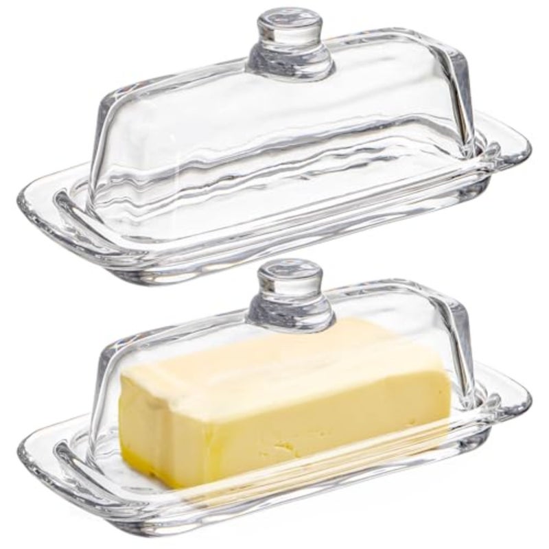 Set of 2 Glass Butter Dish with Handled Lid, Classic Clear 2-Piece Design Butter Keeper, Food Safe and Dishwasher Safe Standard Size of Butter Dish - Image 1