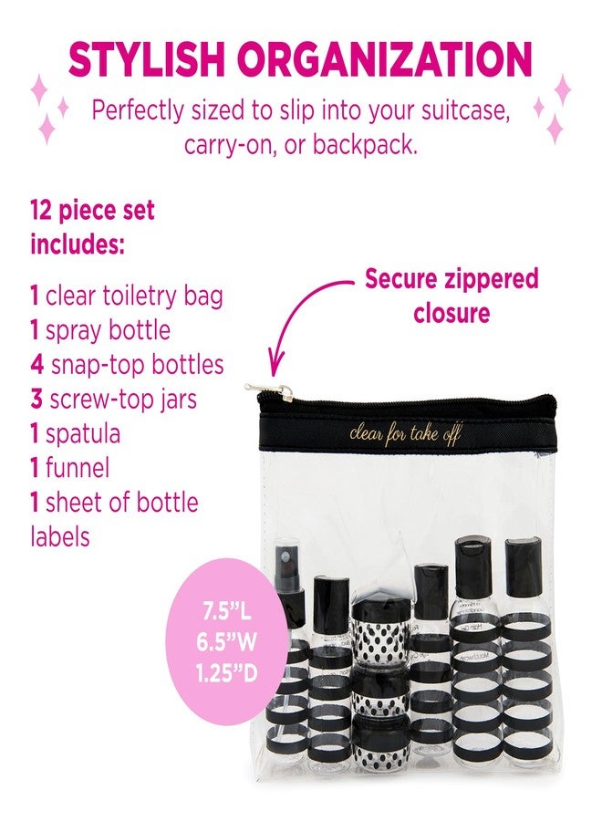 MIAMICA “Clear for Take Off” TSA Compliant Travel Bottles and Travel Toiletry Bag - Includes 12 Pieces - 7.55" L x 7.4" W x 1.8" D, Clear/Black - Cute Travel Gifts - Image 2