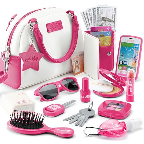 Star Princess Pretend Play Purse Set for Girls Realistic Purse with Accessories Toy Phone Wallet Credit Cards Keys Makeup for Role Playing Toys for Girls Ages 38 - Image 1