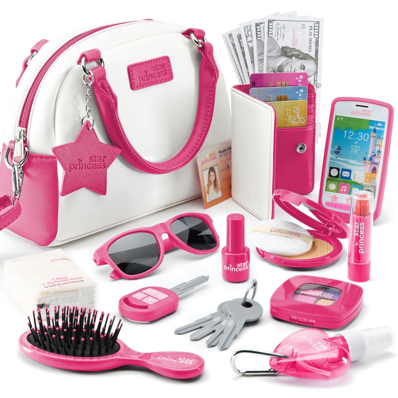 Star Princess Pretend Play Purse Set for Girls Realistic Purse with Accessories Toy Phone Wallet Credit Cards Keys Makeup for Role Playing Toys for Girls Ages 38 - Image 2
