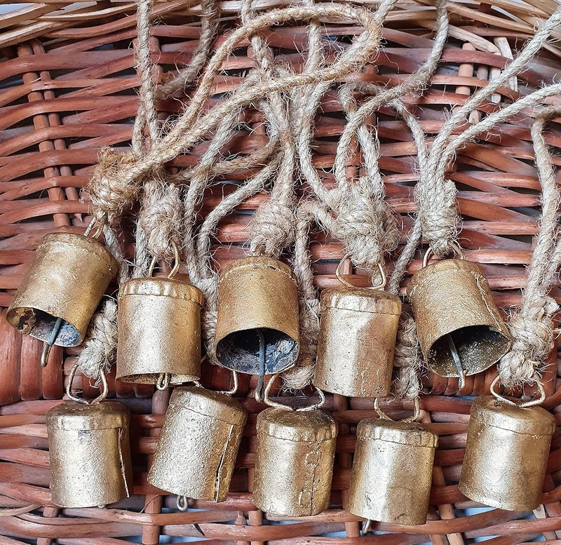 HIGHBIX 4cm Small Vintage Rustic Lucky Tin Metal Cow Bells Handmade Christmas Décor Bells on Jute Rope (10, Cylinder) - Image 1