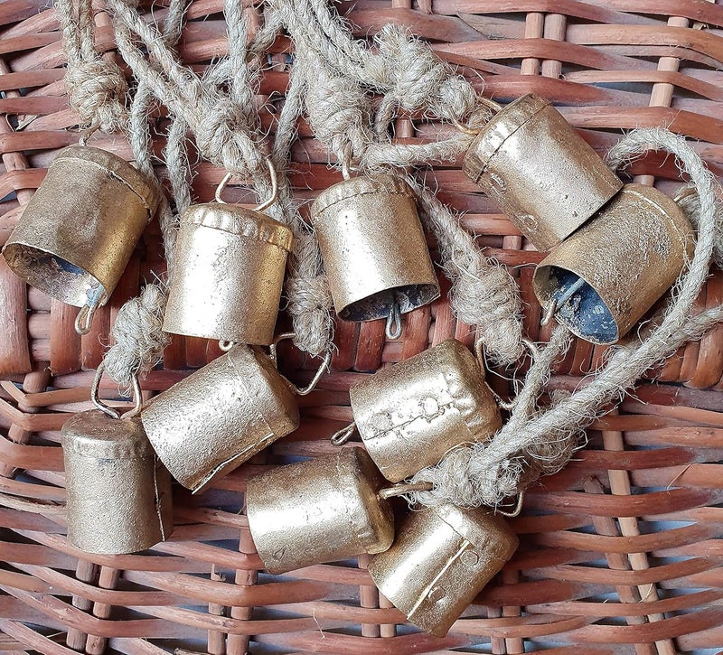HIGHBIX 4cm Small Vintage Rustic Lucky Tin Metal Cow Bells Handmade Christmas Décor Bells on Jute Rope (10, Cylinder) - Image 3