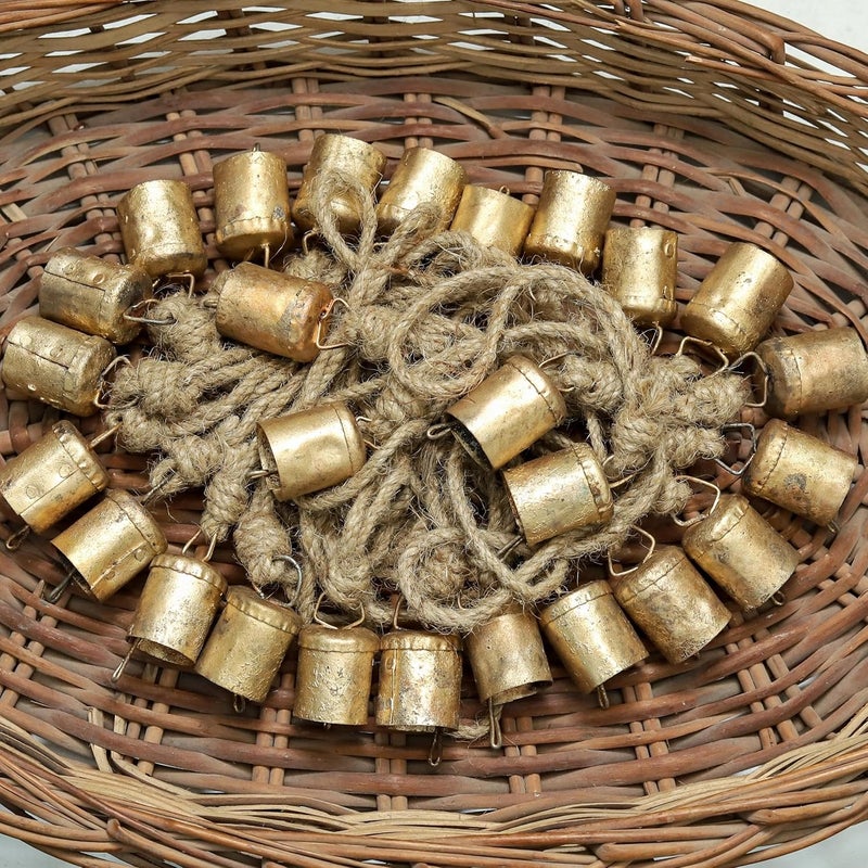 HIGHBIX 4cm Small Vintage Rustic Lucky Tin Metal Cow Bells Handmade Christmas Décor Bells on Jute Rope (10, Cylinder) - Image 4