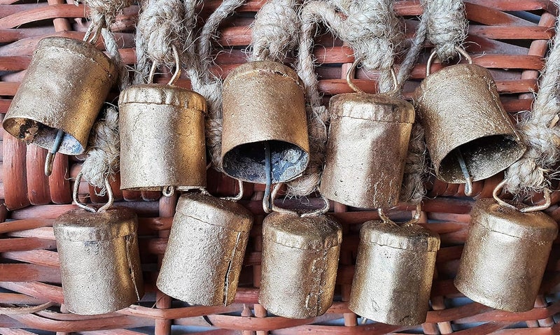 HIGHBIX 4cm Small Vintage Rustic Lucky Tin Metal Cow Bells Handmade Christmas Décor Bells on Jute Rope (10, Cylinder) - Image 2