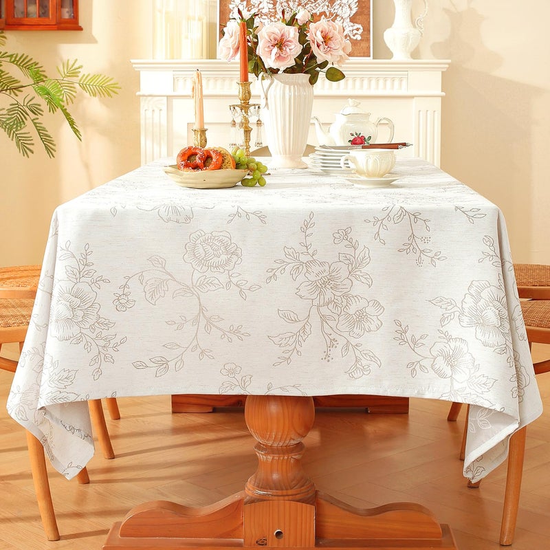 Chassic Premium Vintage Farmhouse Damask Floral 60 x 84 inch Rectangle Table Cloth â€“ Water Resistant Linen Textured Jacquard Tablecloth for Kitchen Dining & Picnic Decor - Beige - Image 1