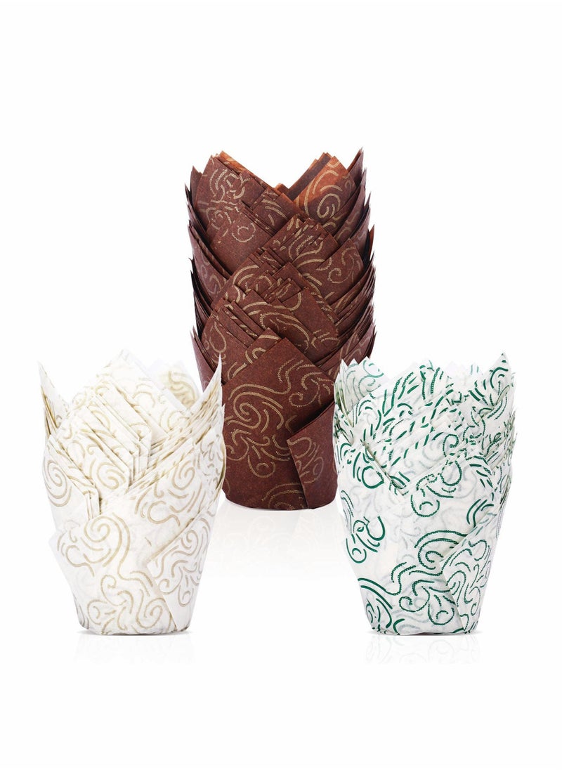 Excefore 200Pcs Tulip Baking Cups Muffin Liners Wrappers Baking Cup Holders Cupcake Liners for Wedding, Birthday, Anniversary, Party In 3 Patterns  - Image 1