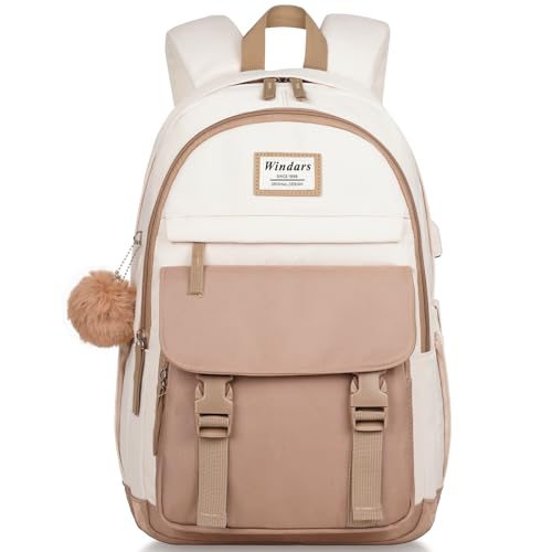 WINDARS School Backpack for Teen Girls, Cute College Backpacks for Women Students Aesthetic Bookbag Large 15.6 Inch Laptop Bag Middle School Travel Back Pack (Khaki Beige) - Image 1