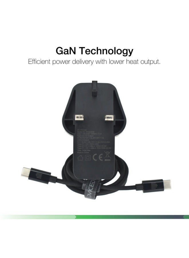 Dviced Wall charger and cable with 140W GaN 2 USB-C 1 USB-A ports UK plug - Black - Image 4