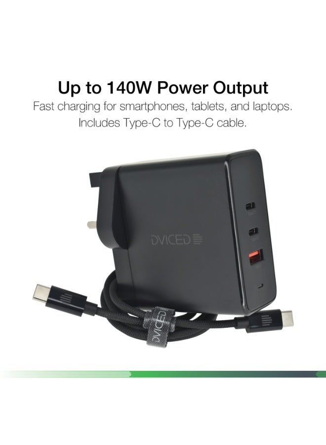 Dviced Wall charger and cable with 140W GaN 2 USB-C 1 USB-A ports UK plug - Black - Image 2