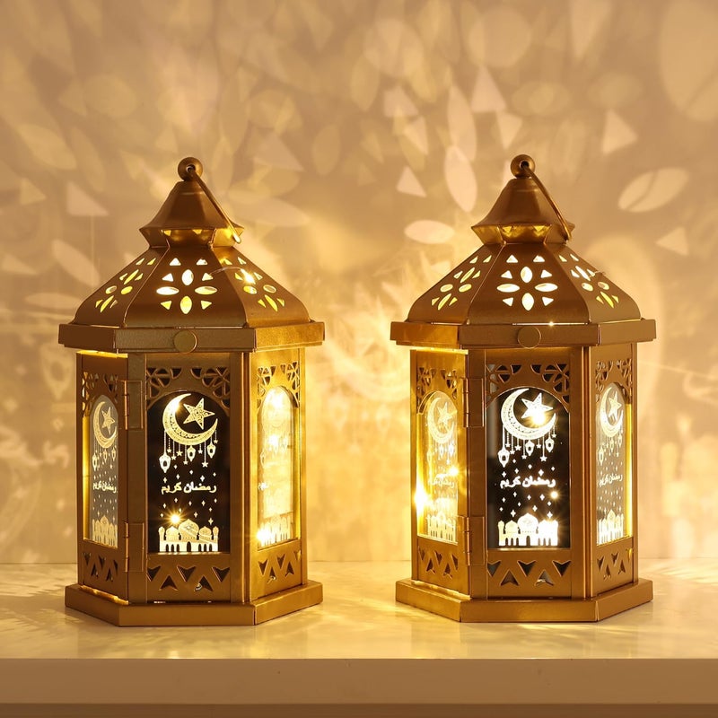 DECORKEY Ramadan Decorations for Home, 2 PCS 11''H Medium Hexagon Decorative Candle Lantern for Tabletop Mantel Decor, Vintage Metal Lantern Candle Holders for Indoor Outdoor Decor, EID Mubarak Gift - Image 1